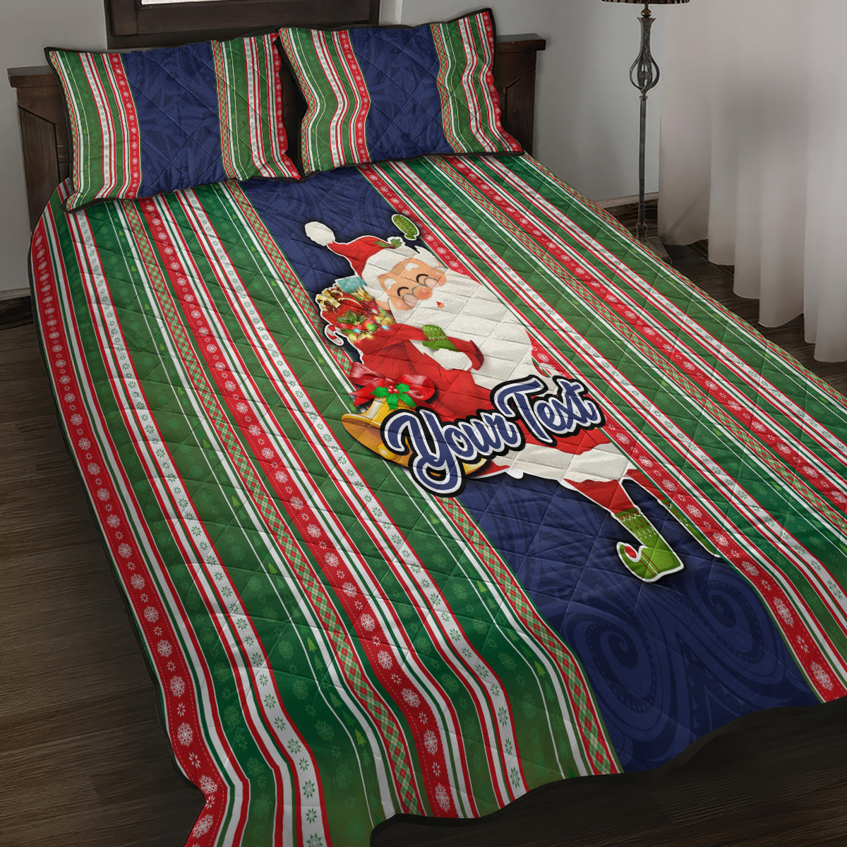 Custom Kiribati Christmas Quilt Bed Set Santa With Gift Bag Behind Ribbons Seamless Blue Maori LT03 - Polynesian Pride