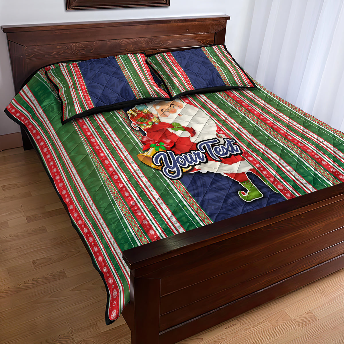 Custom Kiribati Christmas Quilt Bed Set Santa With Gift Bag Behind Ribbons Seamless Blue Maori LT03 - Polynesian Pride