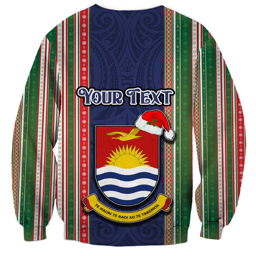 Custom Kiribati Christmas Sweatshirt Santa With Gift Bag Behind Ribbons Seamless Blue Maori LT03 - Polynesian Pride
