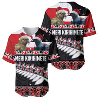 New Zealand Meri Kirihimete Baseball Jersey Christmas Tui Bird and Kea Bird - Haka Santa with Maori Koru Art Pattern