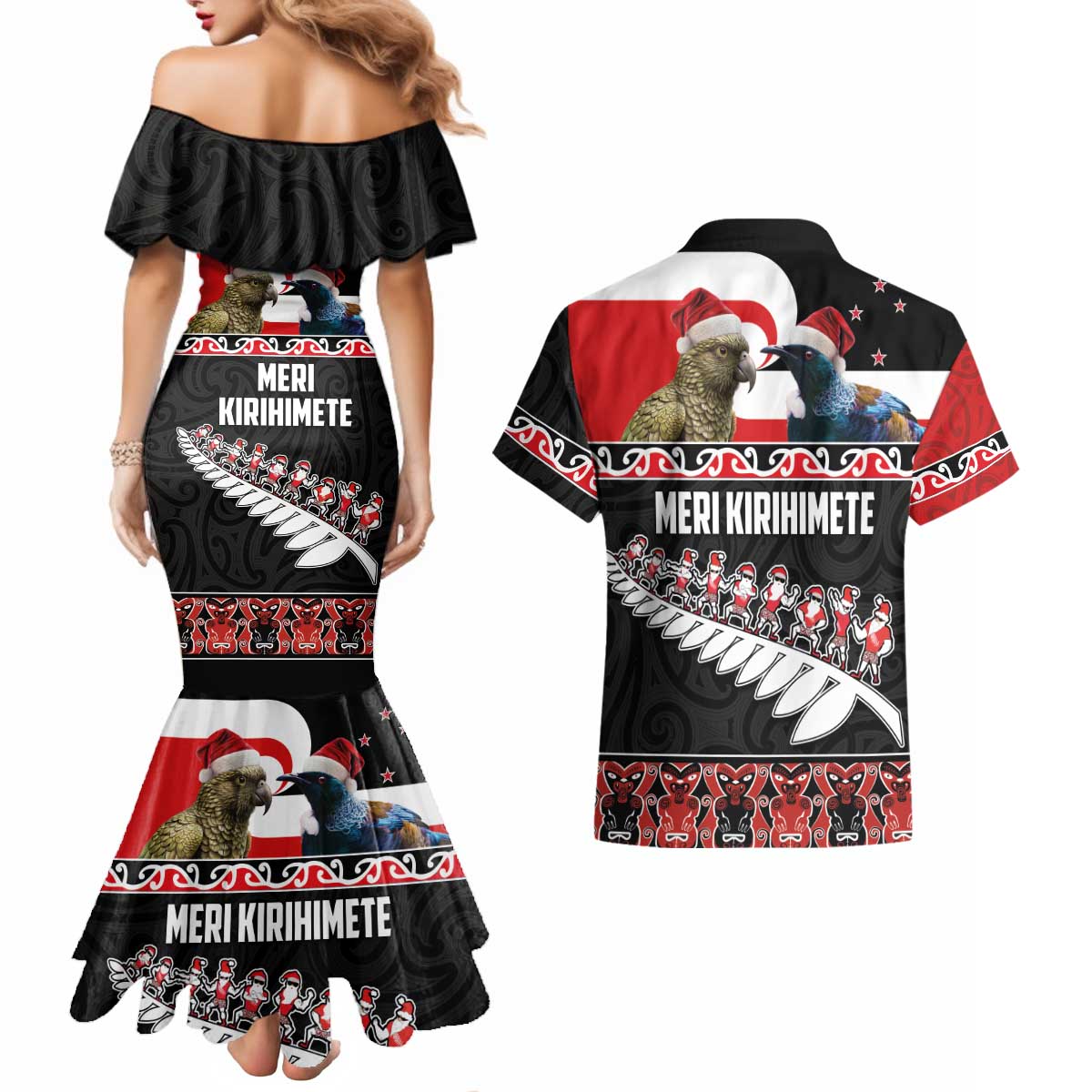New Zealand Meri Kirihimete Couples Matching Mermaid Dress and Hawaiian Shirt Christmas Tui Bird and Kea Bird - Haka Santa with Maori Koru Art Pattern
