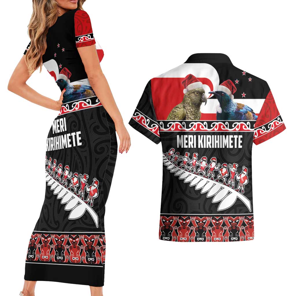 New Zealand Meri Kirihimete Couples Matching Short Sleeve Bodycon Dress and Hawaiian Shirt Christmas Tui Bird and Kea Bird - Haka Santa with Maori Koru Art Pattern