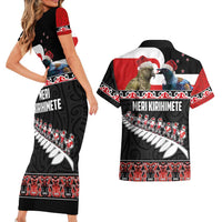 New Zealand Meri Kirihimete Couples Matching Short Sleeve Bodycon Dress and Hawaiian Shirt Christmas Tui Bird and Kea Bird - Haka Santa with Maori Koru Art Pattern