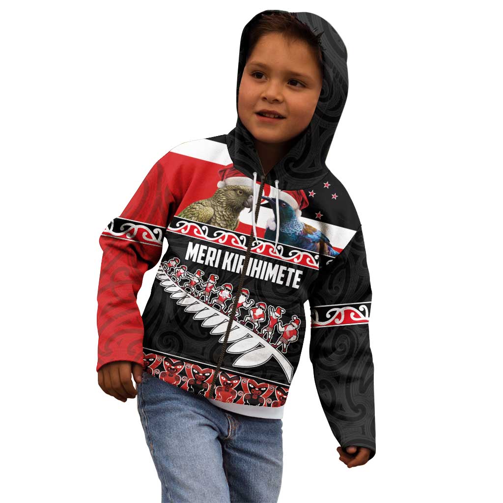 New Zealand Meri Kirihimete Kid Hoodie Christmas Tui Bird and Kea Bird - Haka Santa with Maori Koru Art Pattern