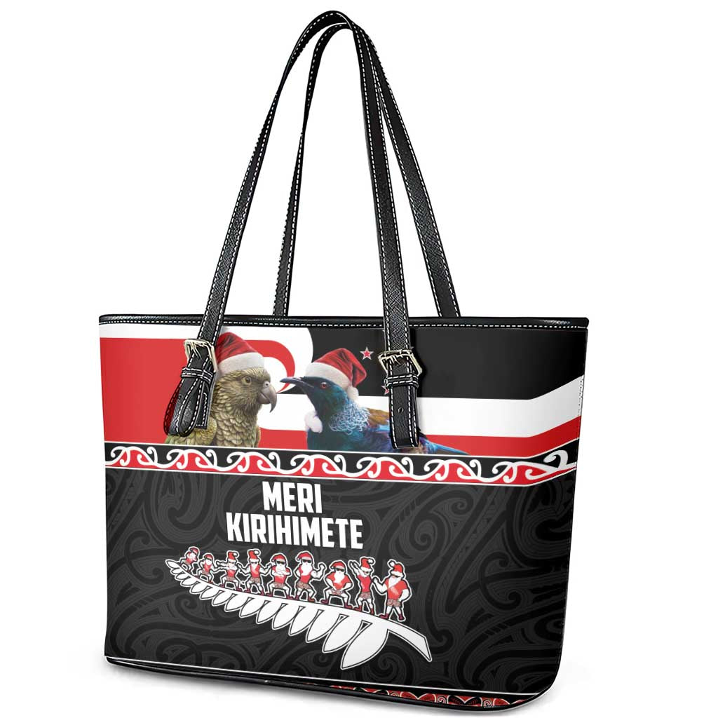 New Zealand Meri Kirihimete Leather Tote Bag Christmas Tui Bird and Kea Bird - Haka Santa with Maori Koru Art Pattern