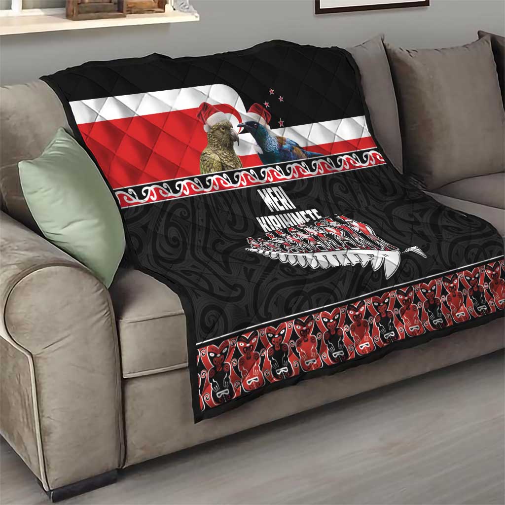New Zealand Meri Kirihimete Quilt Christmas Tui Bird and Kea Bird - Haka Santa with Maori Koru Art Pattern