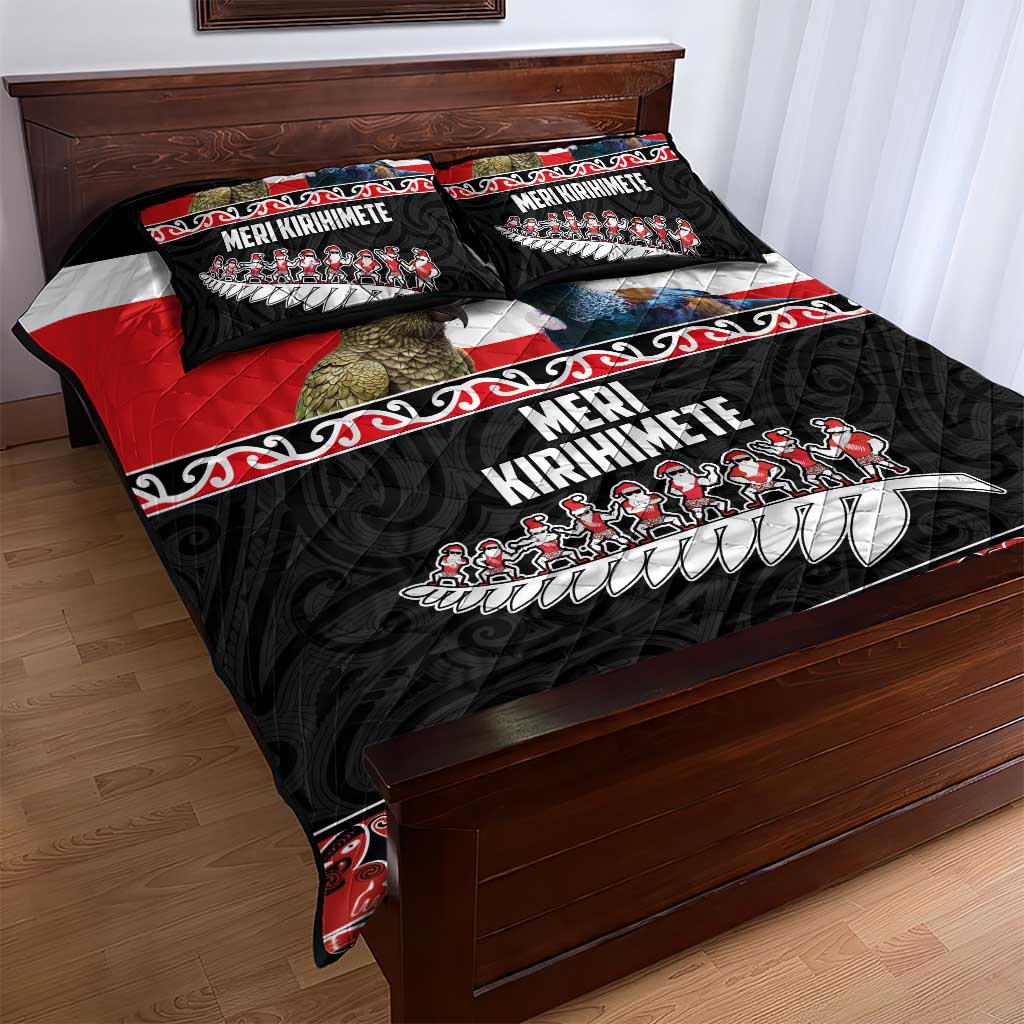 New Zealand Meri Kirihimete Quilt Bed Set Christmas Tui Bird and Kea Bird - Haka Santa with Maori Koru Art Pattern