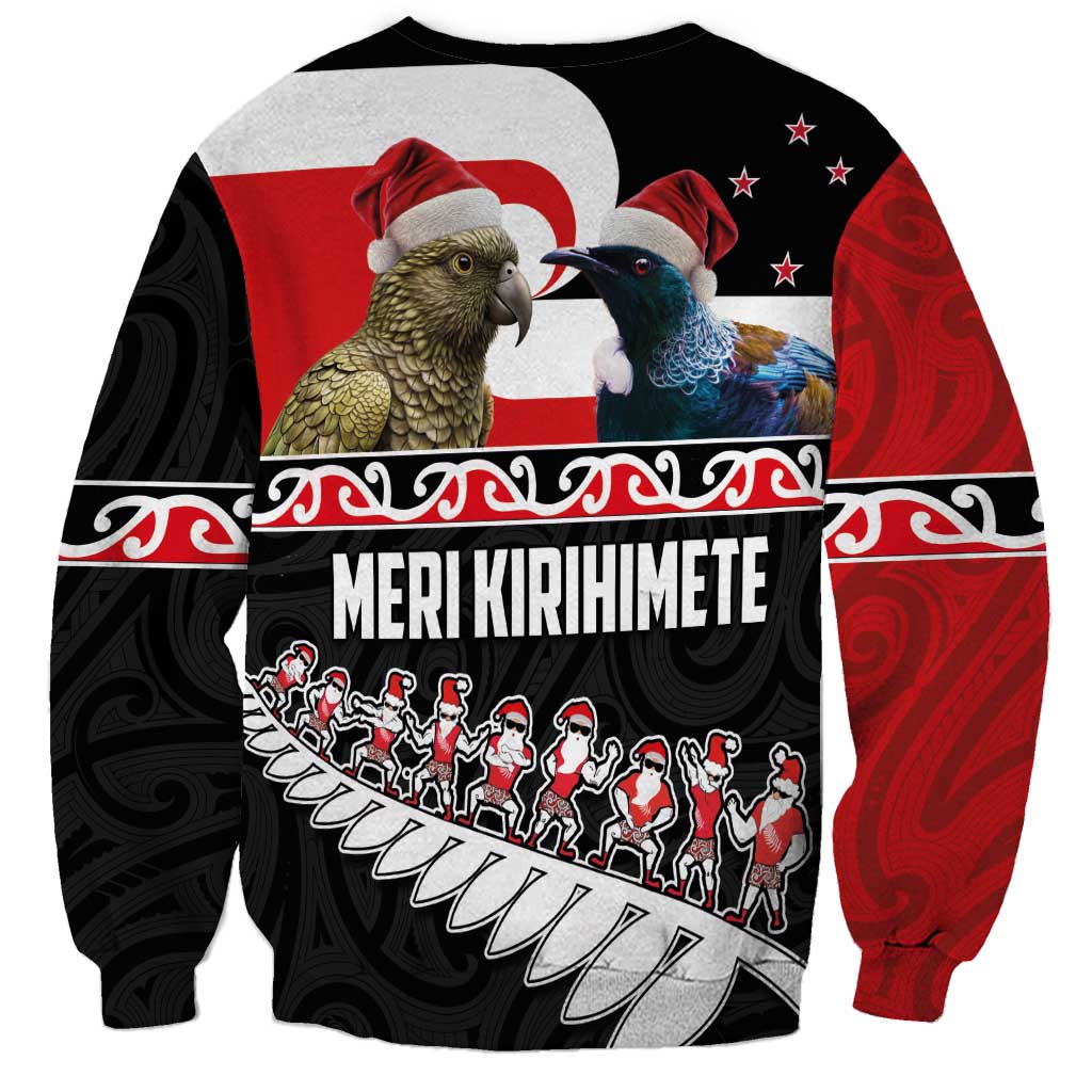 New Zealand Meri Kirihimete Sweatshirt Christmas Tui Bird and Kea Bird - Haka Santa with Maori Koru Art Pattern