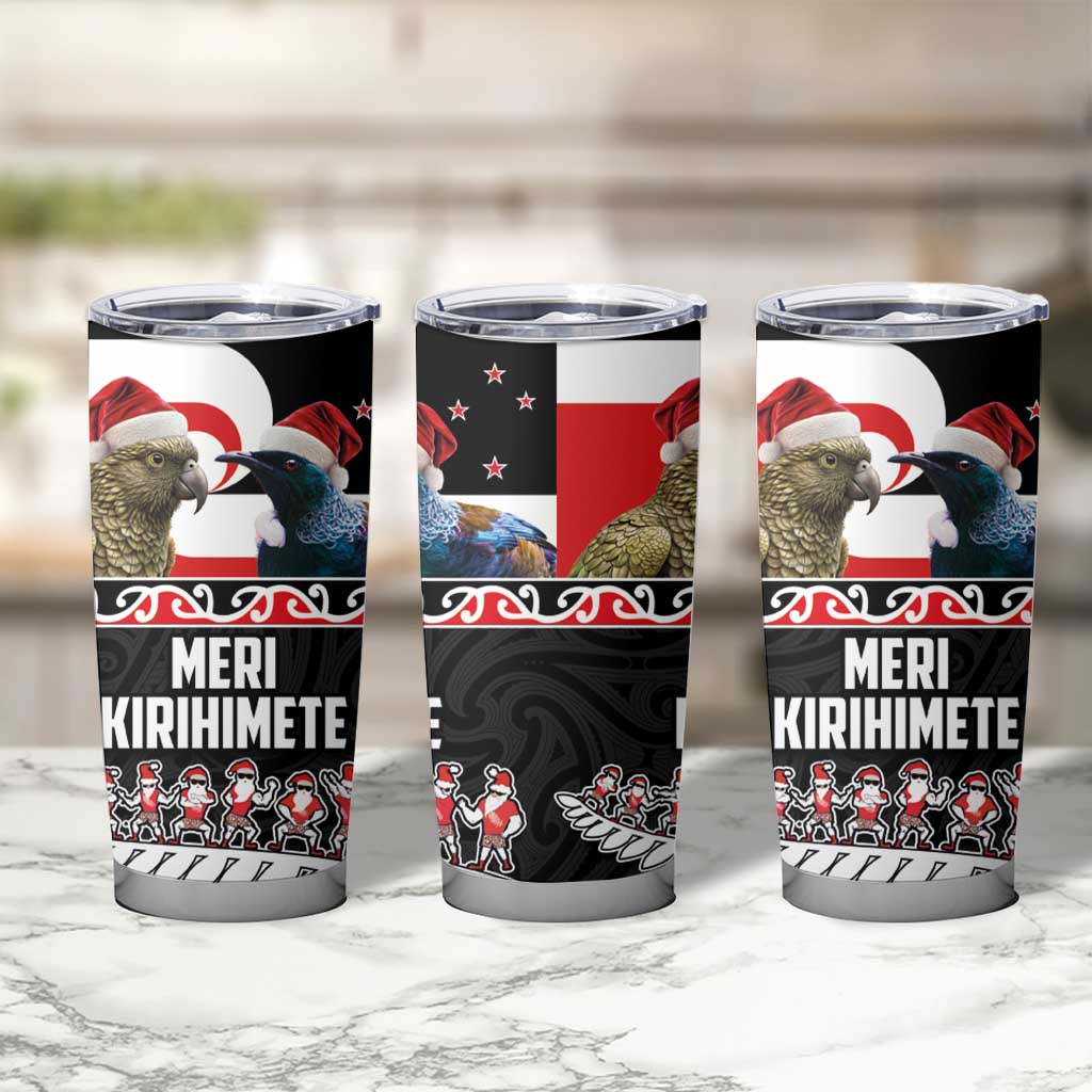 New Zealand Meri Kirihimete Tumbler Cup Christmas Tui Bird and Kea Bird - Haka Santa with Maori Koru Art Pattern