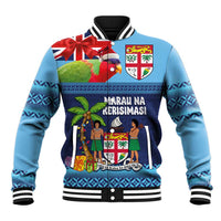 Fiji Marau na Kerisimasi Baseball Jacket Christmas Collared Lory - Fiji Emblems and Xmas Palm Tree Tapa Art Pattern