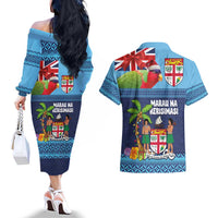 Fiji Marau na Kerisimasi Couples Matching Off The Shoulder Long Sleeve Dress and Hawaiian Shirt Christmas Collared Lory - Fiji Emblems and Xmas Palm Tree Tapa Art Pattern