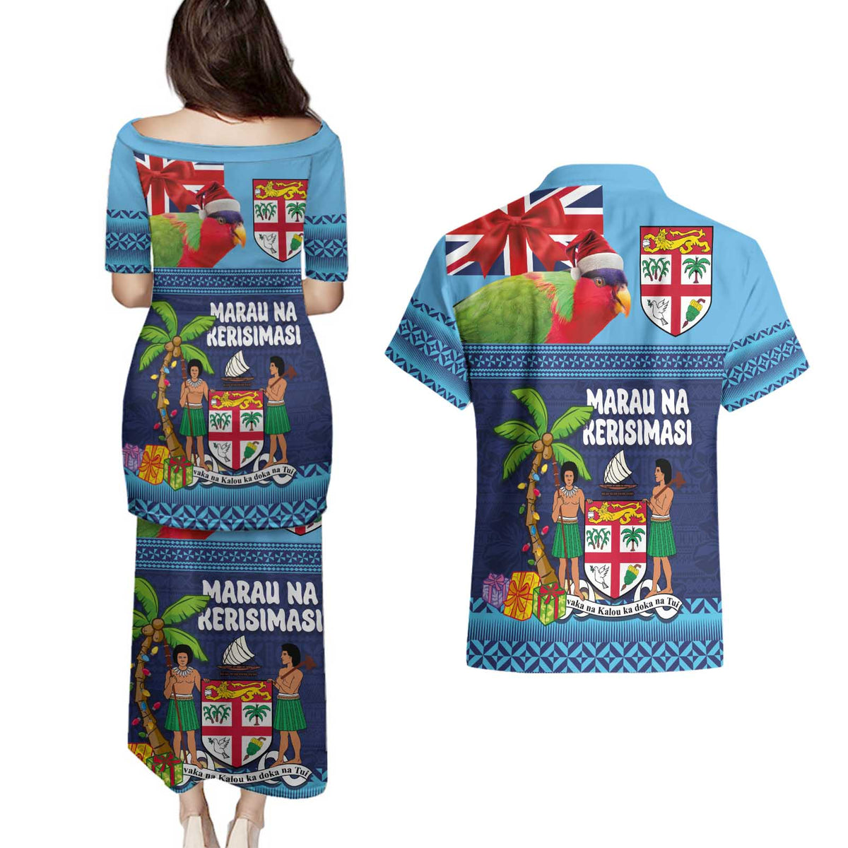 Fiji Marau na Kerisimasi Couples Matching Puletasi and Hawaiian Shirt Christmas Collared Lory - Fiji Emblems and Xmas Palm Tree Tapa Art Pattern
