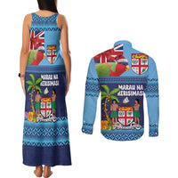 Fiji Marau na Kerisimasi Couples Matching Tank Maxi Dress and Long Sleeve Button Shirt Christmas Collared Lory - Fiji Emblems and Xmas Palm Tree Tapa Art Pattern