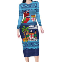 Fiji Marau na Kerisimasi Family Matching Long Sleeve Bodycon Dress and Hawaiian Shirt Christmas Collared Lory - Fiji Emblems and Xmas Palm Tree Tapa Art Pattern