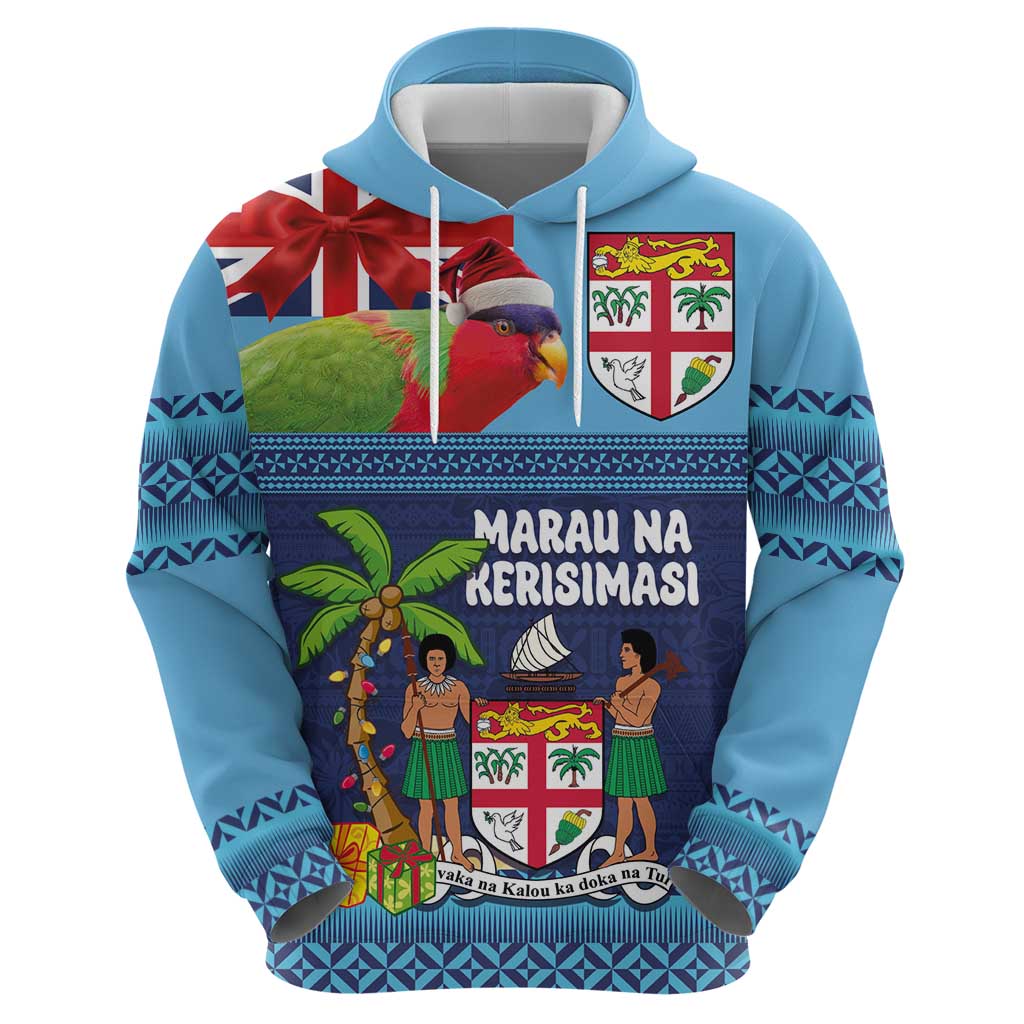 Fiji Marau na Kerisimasi Hoodie Christmas Collared Lory - Fiji Emblems and Xmas Palm Tree Tapa Art Pattern