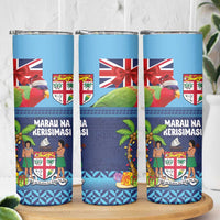 Fiji Marau na Kerisimasi Skinny Tumbler Christmas Collared Lory - Fiji Emblems and Xmas Palm Tree Tapa Art Pattern
