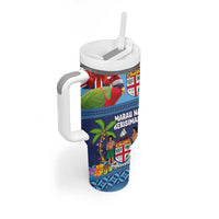 Fiji Marau na Kerisimasi Tumbler With Handle Christmas Collared Lory - Fiji Emblems and Xmas Palm Tree Tapa Art Pattern
