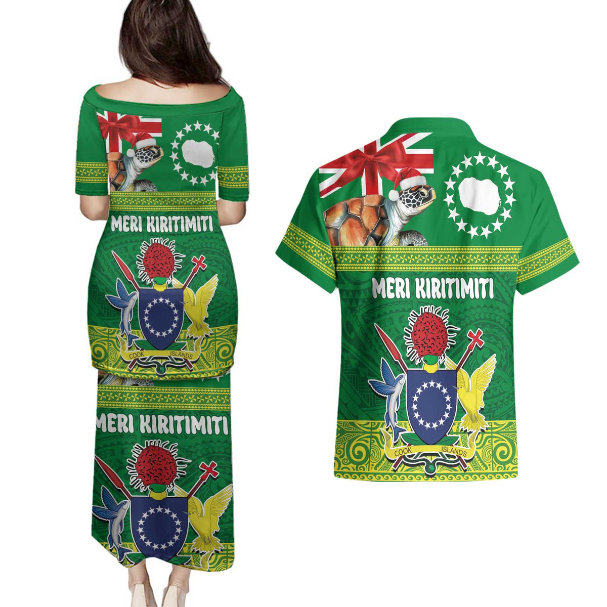 Cook Islands Meri Kiritimiti Couples Matching Puletasi and Hawaiian Shirt Christmas Turtle - Cooks Islands Emblems and Polynesian Art Pattern
