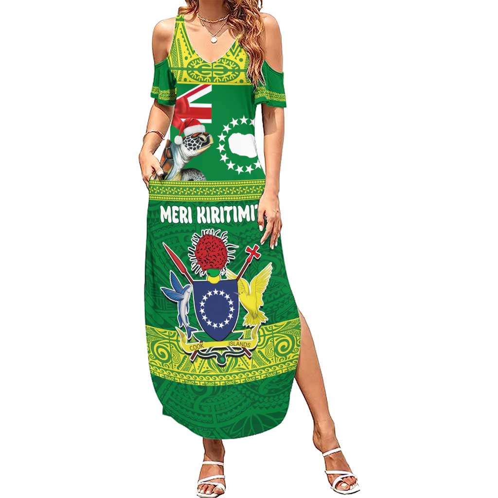 Cook Islands Meri Kiritimiti Family Matching Summer Maxi Dress and Hawaiian Shirt Christmas Turtle - Cooks Islands Emblems and Polynesian Art Pattern