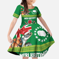Cook Islands Meri Kiritimiti Kid Short Sleeve Dress Christmas Turtle - Cooks Islands Emblems and Polynesian Art Pattern