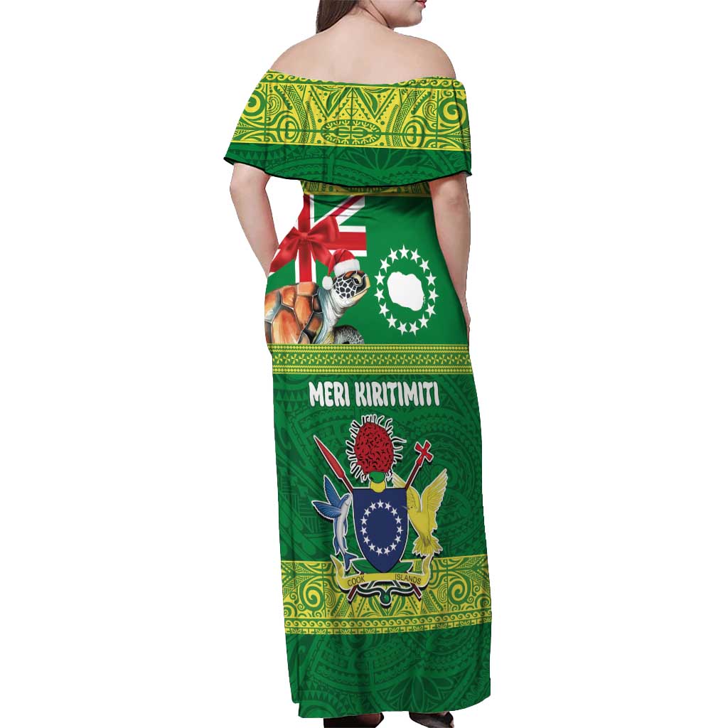 Cook Islands Meri Kiritimiti Off Shoulder Maxi Dress Christmas Turtle - Cooks Islands Emblems and Polynesian Art Pattern