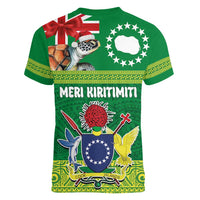Cook Islands Meri Kiritimiti Women V-Neck T-Shirt Christmas Turtle - Cooks Islands Emblems and Polynesian Art Pattern