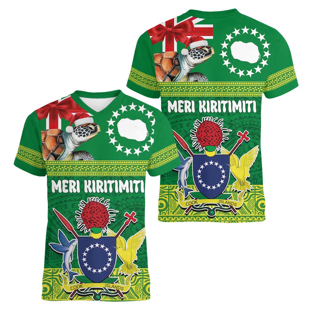 Cook Islands Meri Kiritimiti Women V-Neck T-Shirt Christmas Turtle - Cooks Islands Emblems and Polynesian Art Pattern