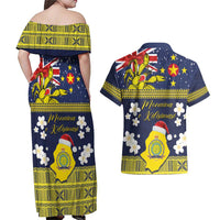 Niue Monuina e Kilisimasi Couples Matching Off Shoulder Maxi Dress and Hawaiian Shirt Christmas Uga - Niue Map and Emblem with Hiapo Art Pattern