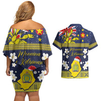 Niue Monuina e Kilisimasi Couples Matching Off Shoulder Short Dress and Hawaiian Shirt Christmas Uga - Niue Map and Emblem with Hiapo Art Pattern
