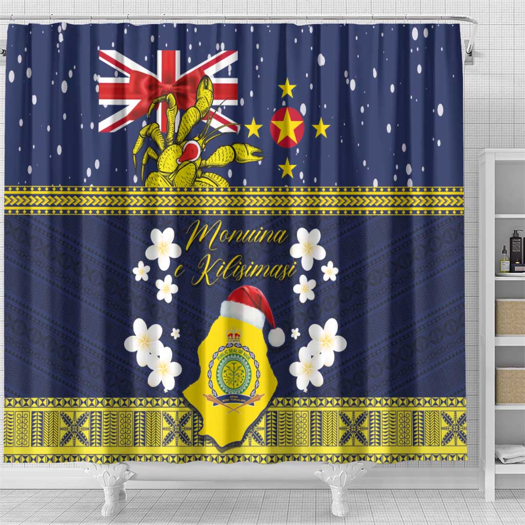 Niue Monuina e Kilisimasi Shower Curtain Christmas Uga - Niue Map and Emblem with Hiapo Art Pattern