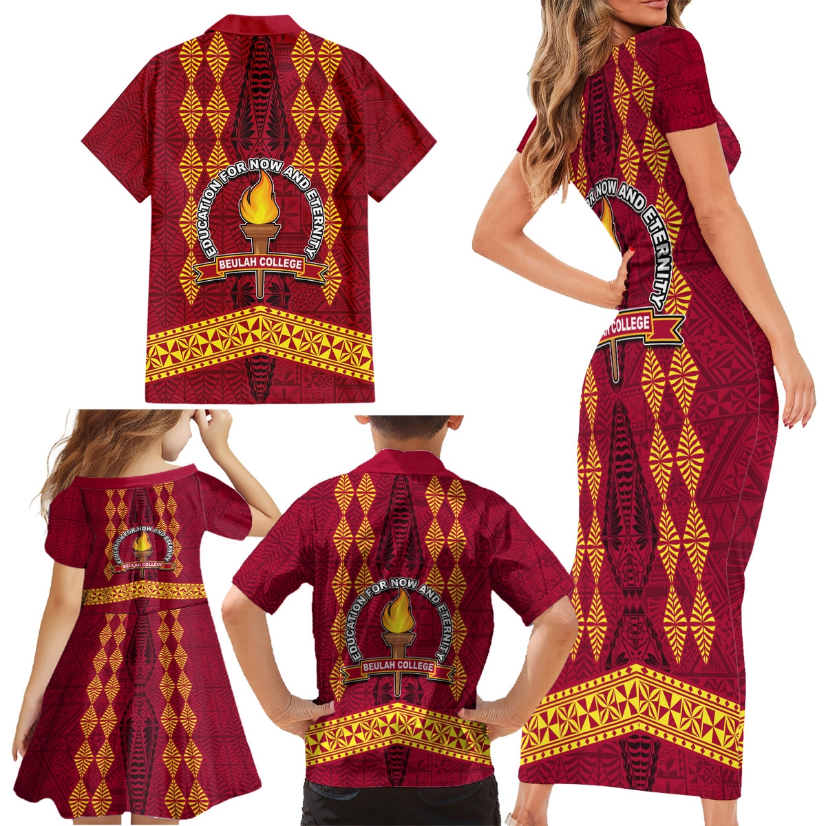 Tonga Beulah College Family Matching Short Sleeve Bodycon Dress and Hawaiian Shirt Ngatu and Polynesian Pattern LT03 - Polynesian Pride