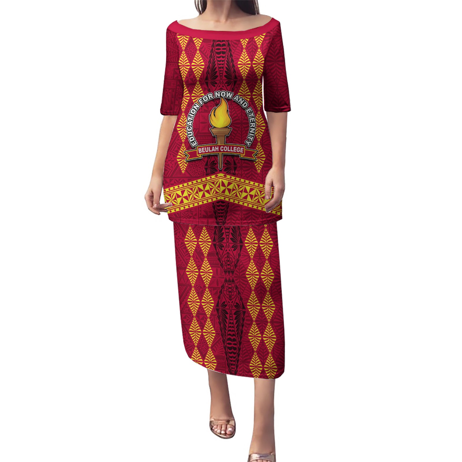 Tonga Beulah College Puletasi Ngatu and Polynesian Pattern LT03 Long Dress Red - Polynesian Pride