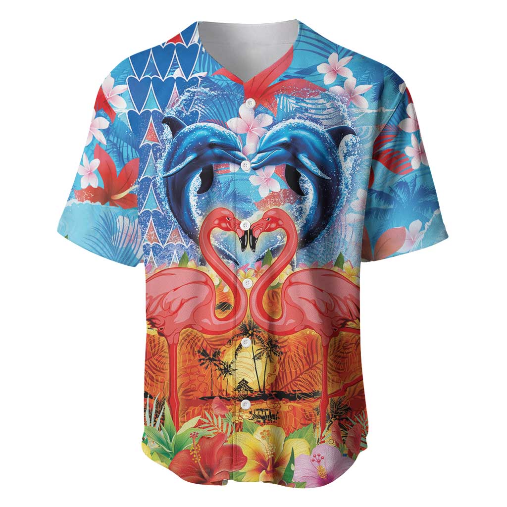 Hawaiian Love-Couple Dolphins and Flamingos Baseball Jersey - Polynesian Pride