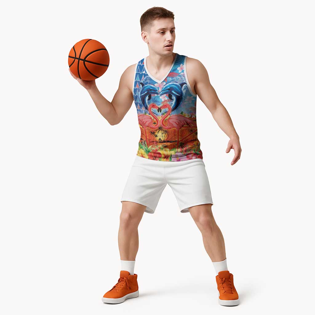 Hawaiian Love-Couple Dolphins and Flamingos Basketball Jersey - Polynesian Pride