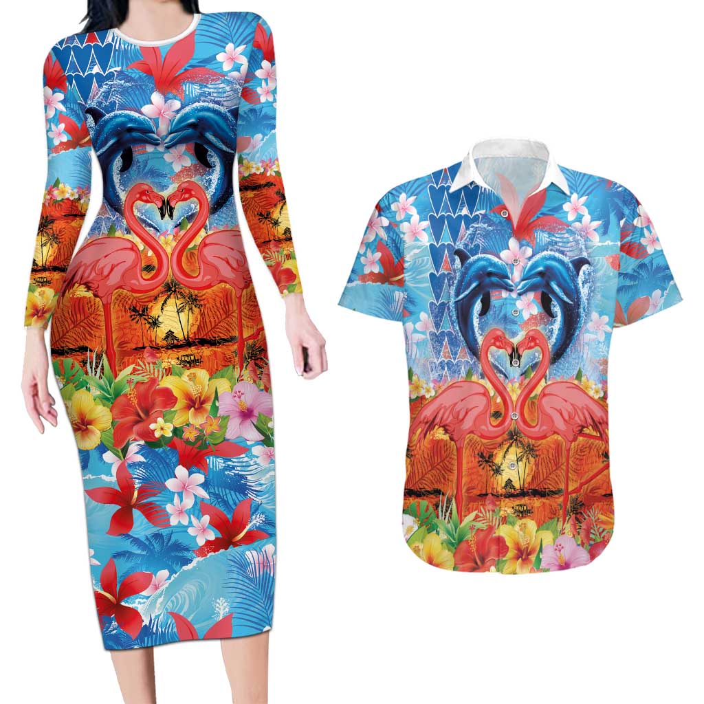 Hawaiian Love-Couple Dolphins and Flamingos Couples Matching Long Sleeve Bodycon Dress and Hawaiian Shirt - Polynesian Pride