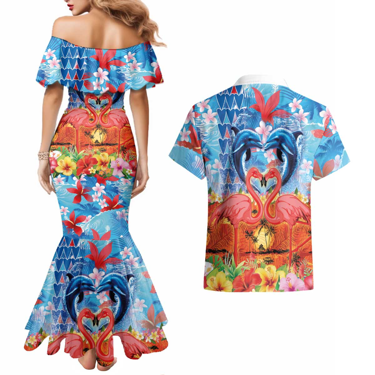 Hawaiian Love-Couple Dolphins and Flamingos Couples Matching Mermaid Dress and Hawaiian Shirt - Polynesian Pride
