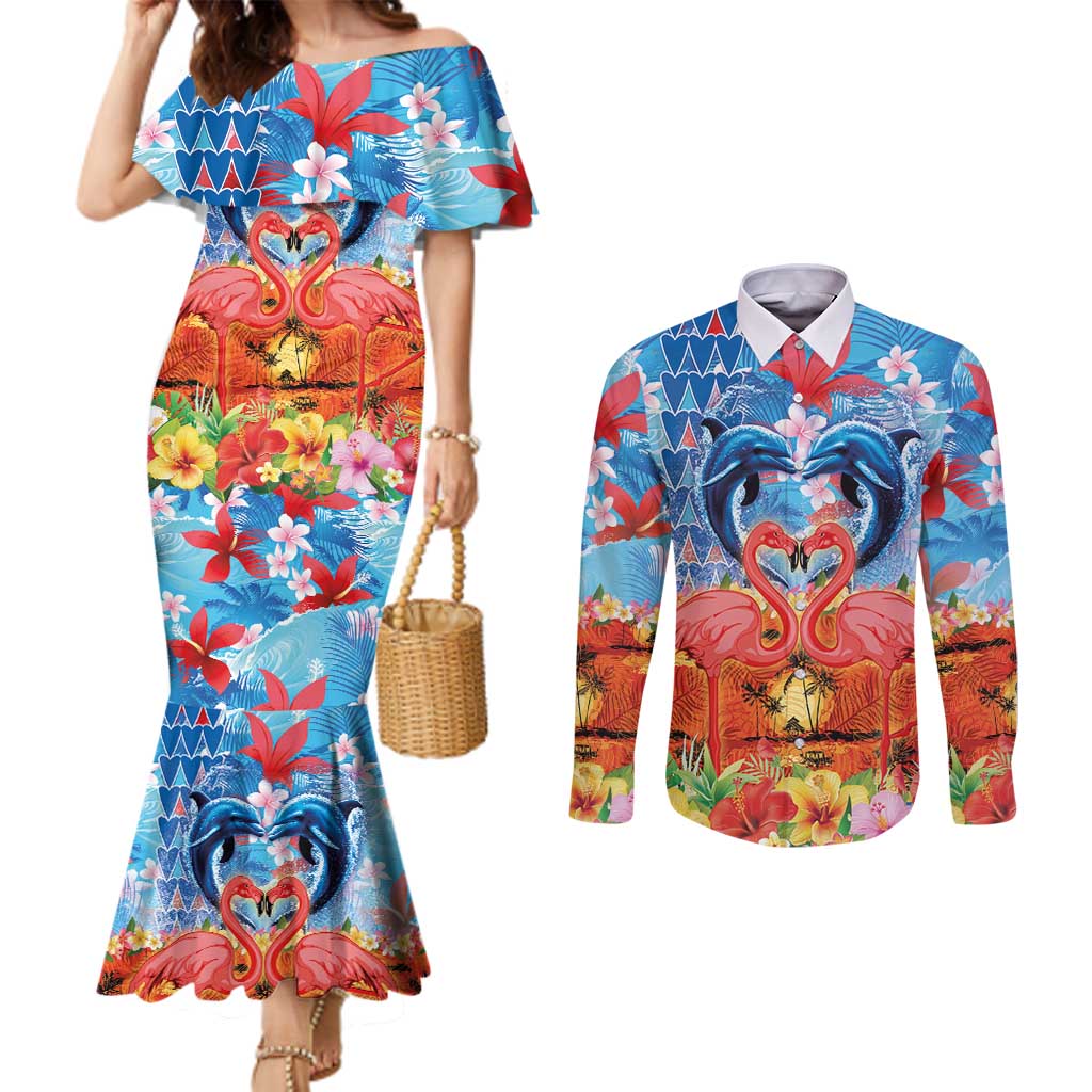 Hawaiian Love-Couple Dolphins and Flamingos Couples Matching Mermaid Dress and Long Sleeve Button Shirt - Polynesian Pride