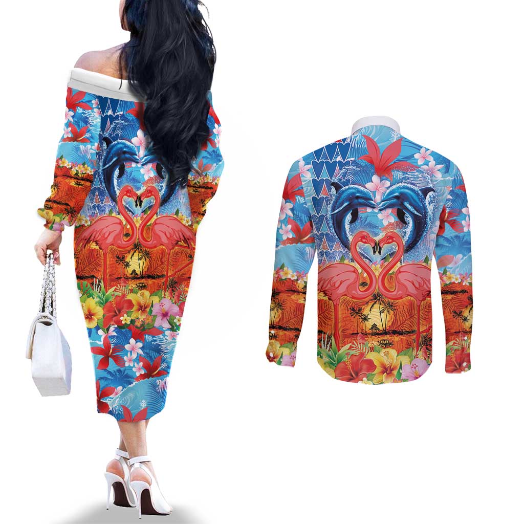 Hawaiian Love-Couple Dolphins and Flamingos Couples Matching Off The Shoulder Long Sleeve Dress and Long Sleeve Button Shirt - Polynesian Pride
