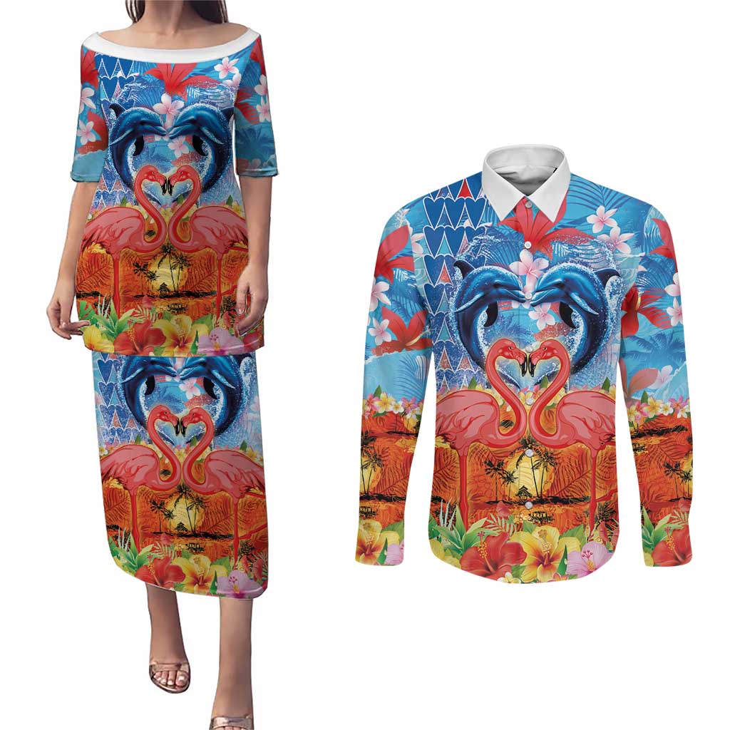Hawaiian Love-Couple Dolphins and Flamingos Couples Matching Puletasi and Long Sleeve Button Shirt - Polynesian Pride
