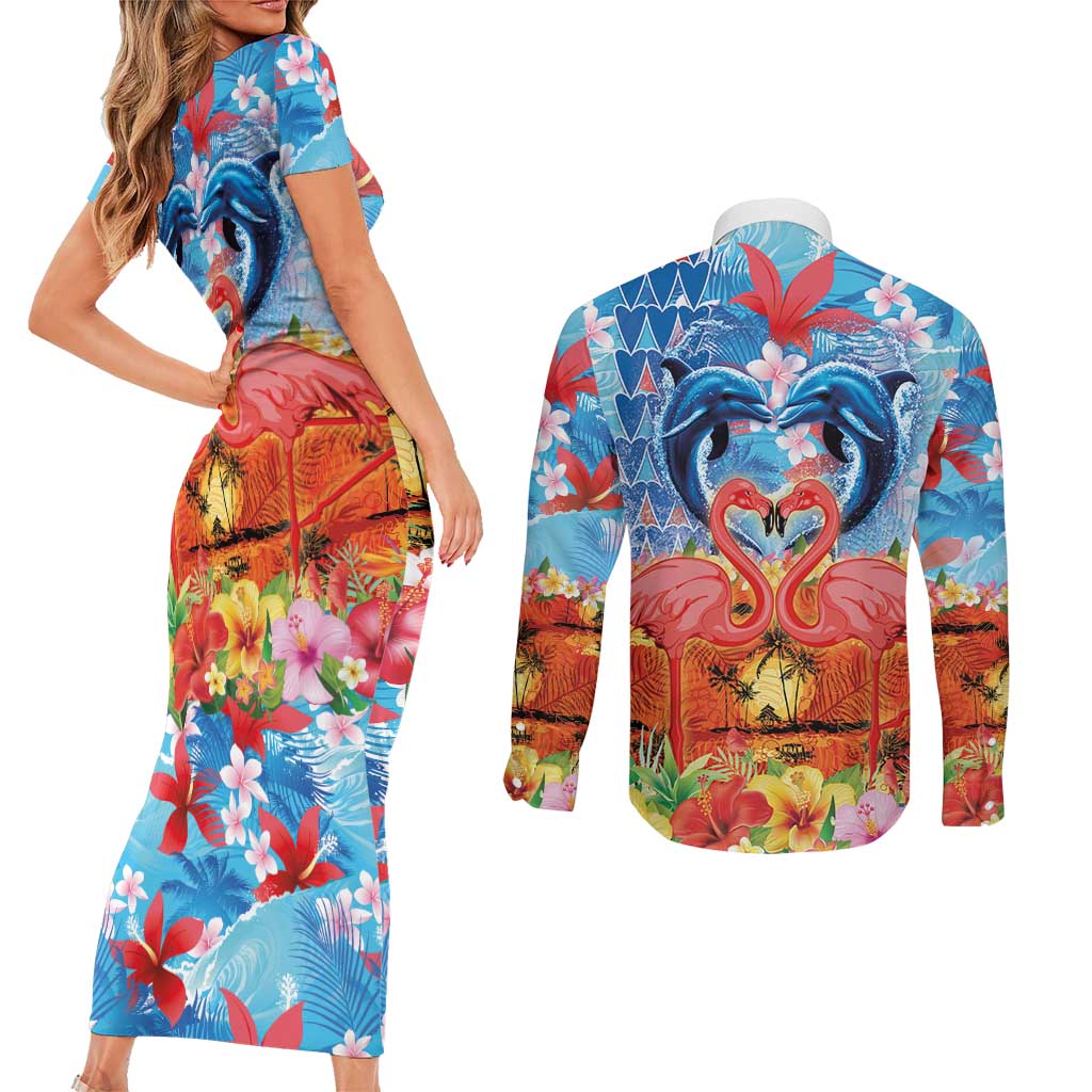Hawaiian Love-Couple Dolphins and Flamingos Couples Matching Short Sleeve Bodycon Dress and Long Sleeve Button Shirt - Polynesian Pride