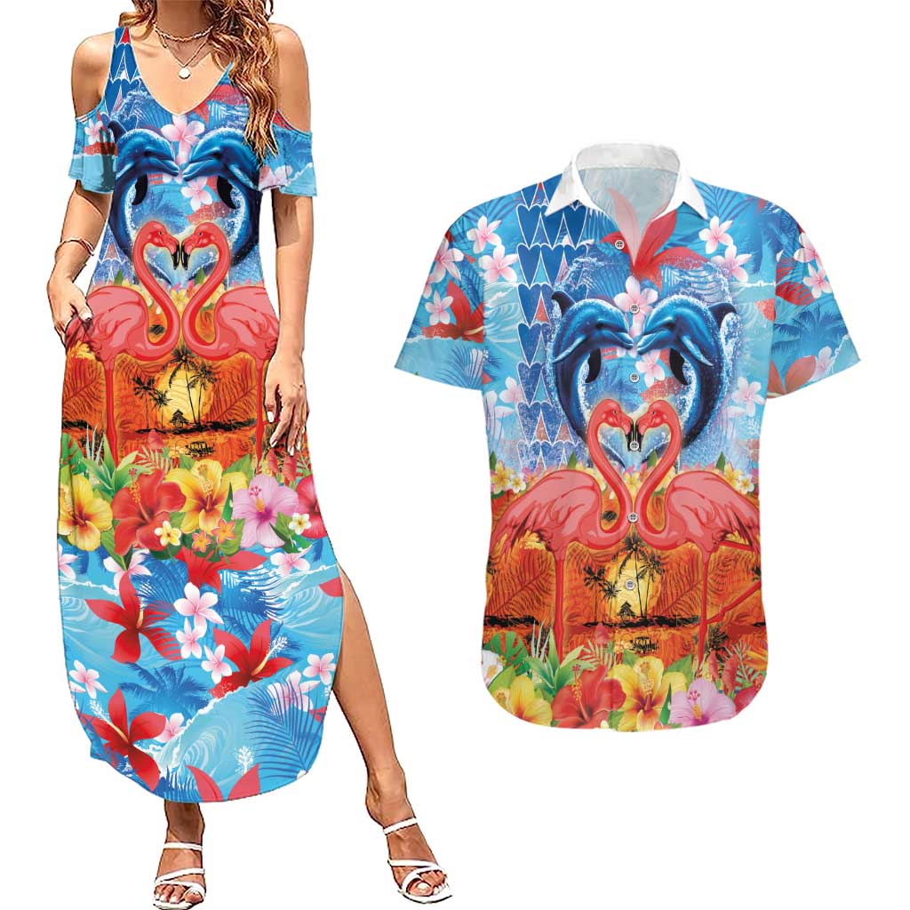 Hawaiian Love-Couple Dolphins and Flamingos Couples Matching Summer Maxi Dress and Hawaiian Shirt - Polynesian Pride