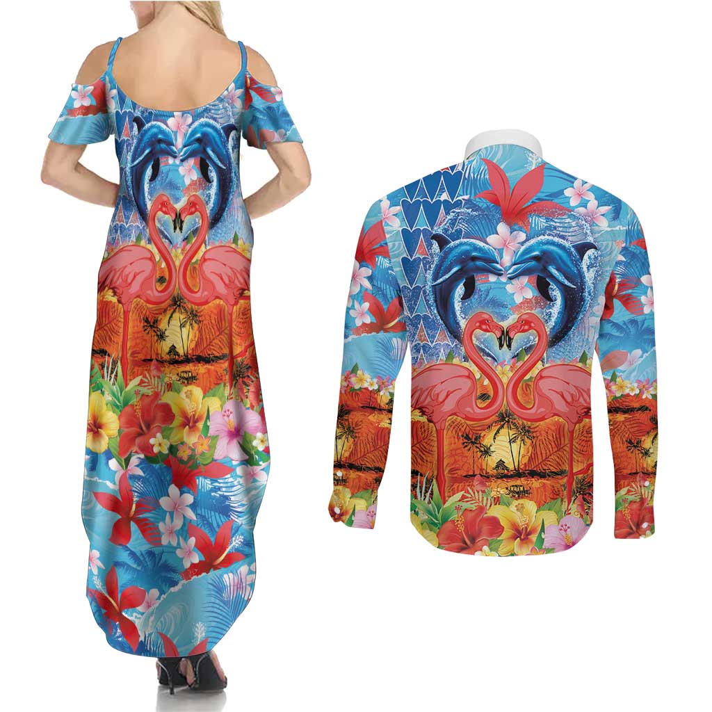 Hawaiian Love-Couple Dolphins and Flamingos Couples Matching Summer Maxi Dress and Long Sleeve Button Shirt - Polynesian Pride