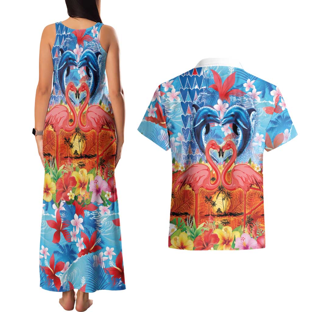 Hawaiian Love-Couple Dolphins and Flamingos Couples Matching Tank Maxi Dress and Hawaiian Shirt - Polynesian Pride