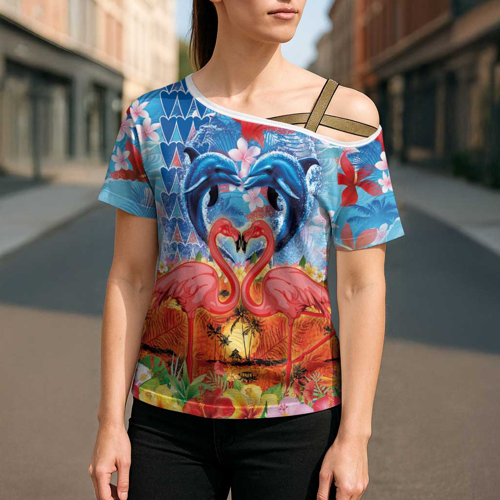 Hawaiian Love-Couple Dolphins and Flamingos Cross Shoulder Shirt - Polynesian Pride