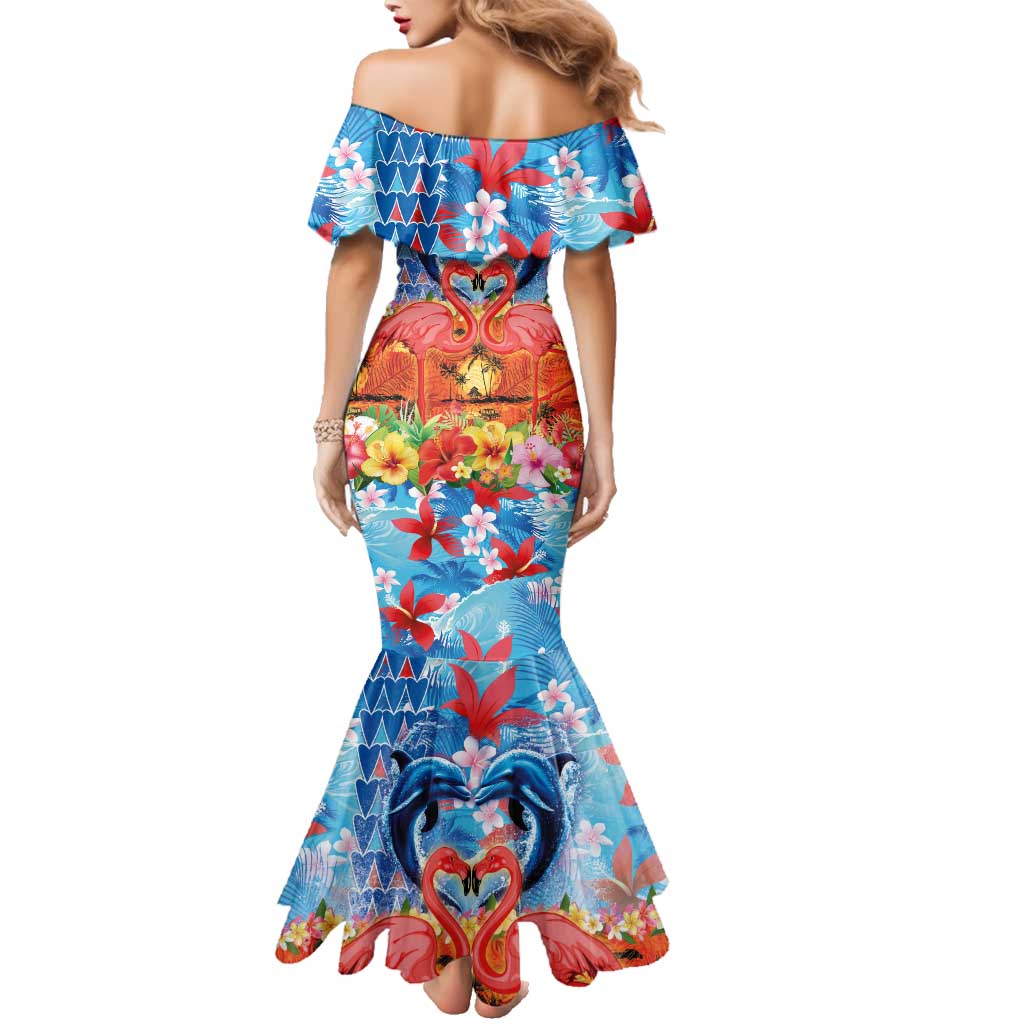 Hawaiian Love-Couple Dolphins and Flamingos Family Matching Mermaid Dress and Hawaiian Shirt - Polynesian Pride