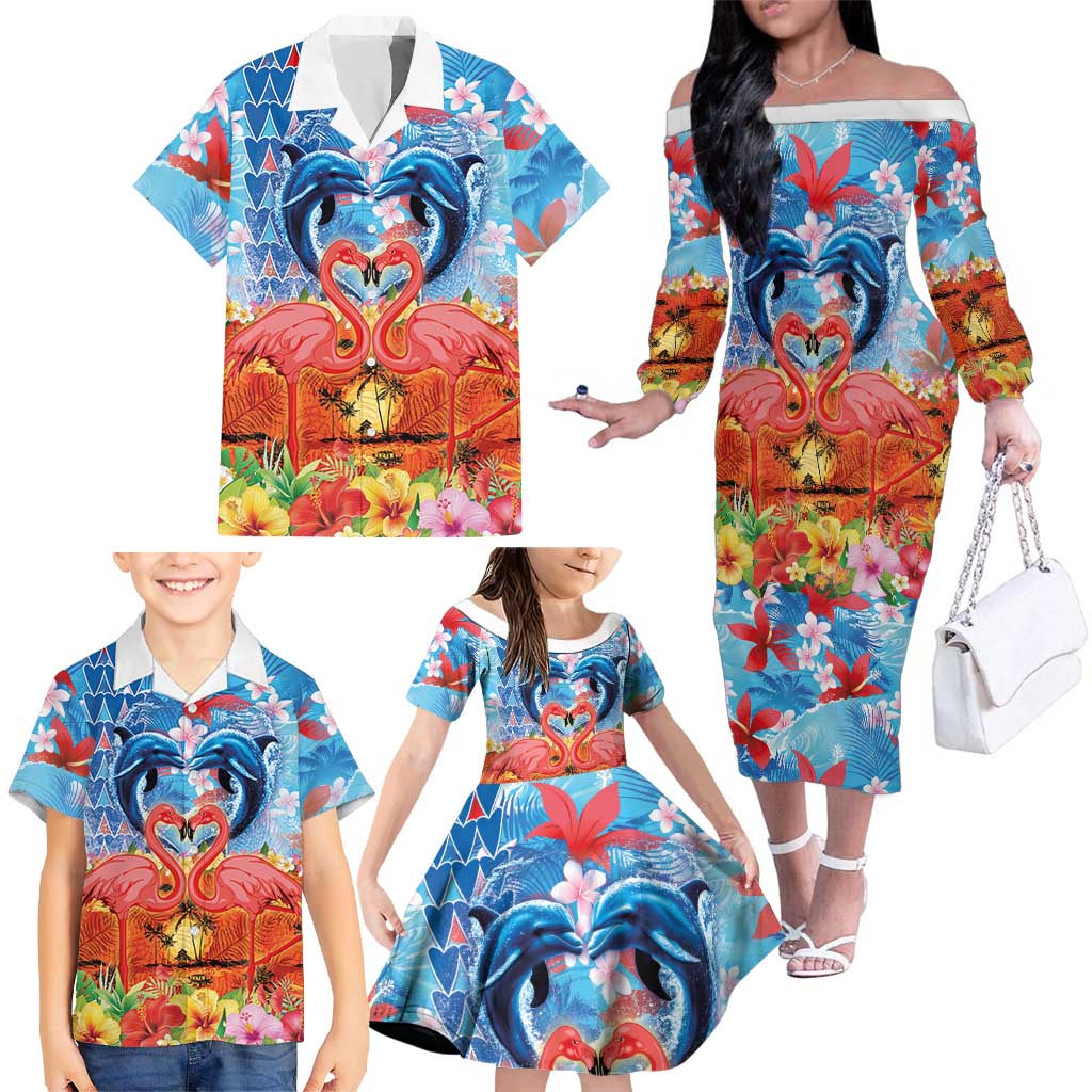 Hawaiian Love-Couple Dolphins and Flamingos Family Matching Off The Shoulder Long Sleeve Dress and Hawaiian Shirt - Polynesian Pride