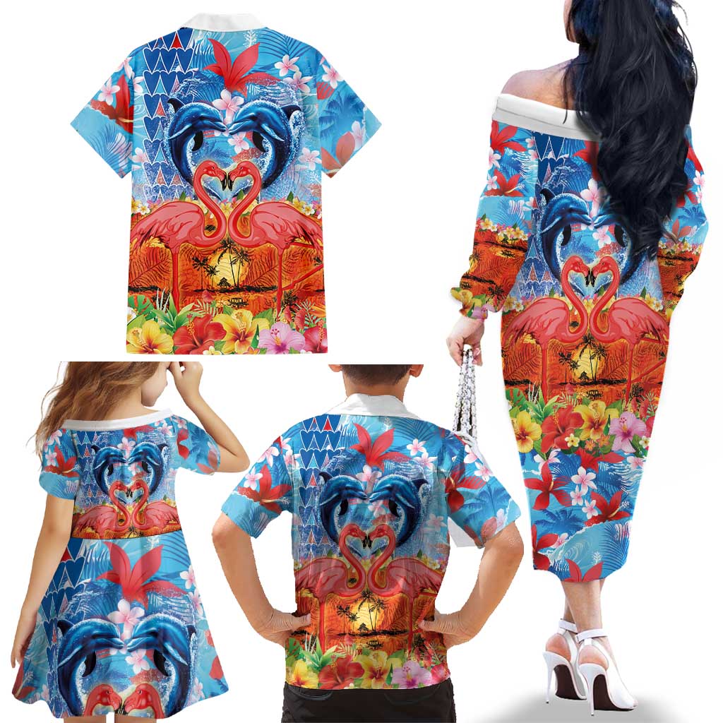 Hawaiian Love-Couple Dolphins and Flamingos Family Matching Off The Shoulder Long Sleeve Dress and Hawaiian Shirt - Polynesian Pride