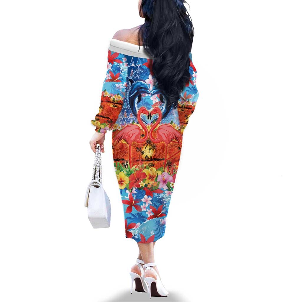 Hawaiian Love-Couple Dolphins and Flamingos Family Matching Off The Shoulder Long Sleeve Dress and Hawaiian Shirt - Polynesian Pride
