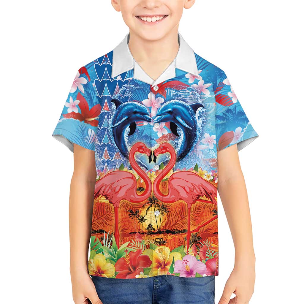 Hawaiian Love-Couple Dolphins and Flamingos Family Matching Off The Shoulder Long Sleeve Dress and Hawaiian Shirt - Polynesian Pride