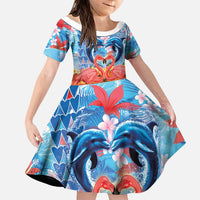 Hawaiian Love-Couple Dolphins and Flamingos Family Matching Off Shoulder Short Dress and Hawaiian Shirt - Polynesian Pride